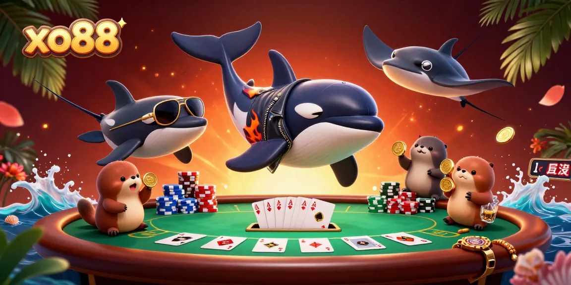Experience thrill with xo88 as the orca whale, stingray, and otters engage in a vibrant casino scene.