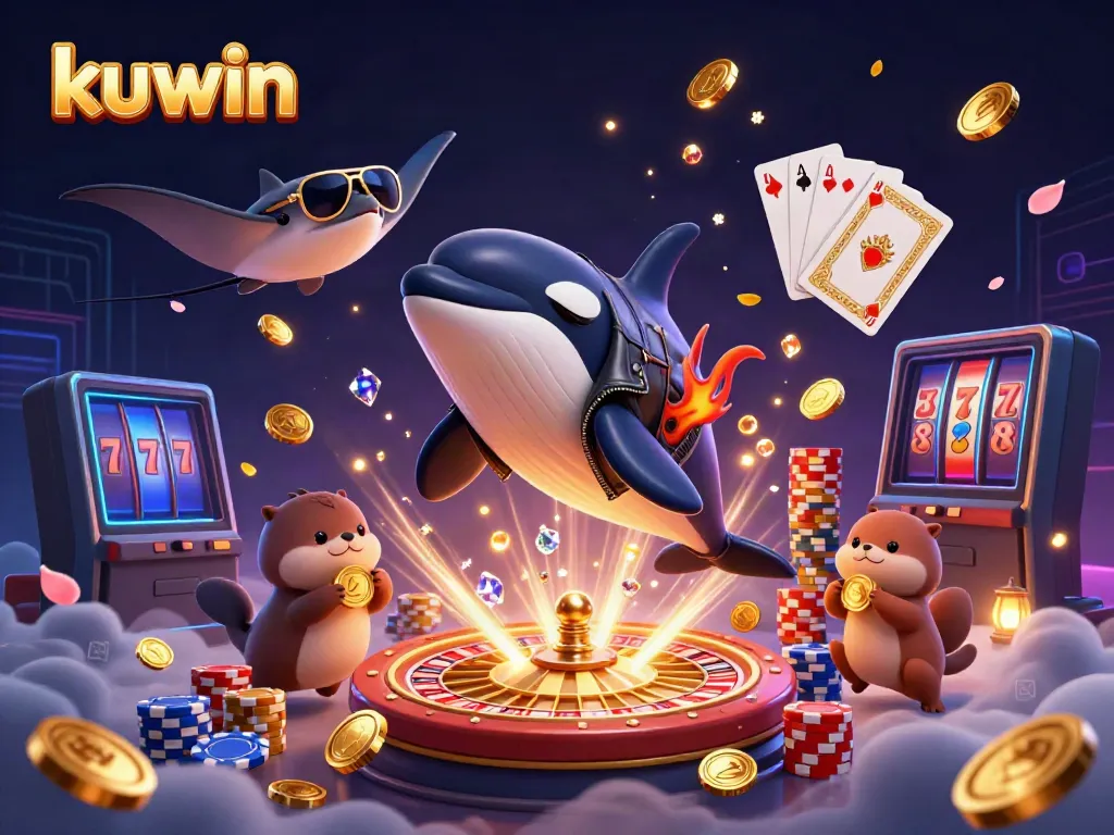 Kuwin showcases an orca whale, stingray, and sea otters celebrating with gold coins in an exciting casino themed scene.