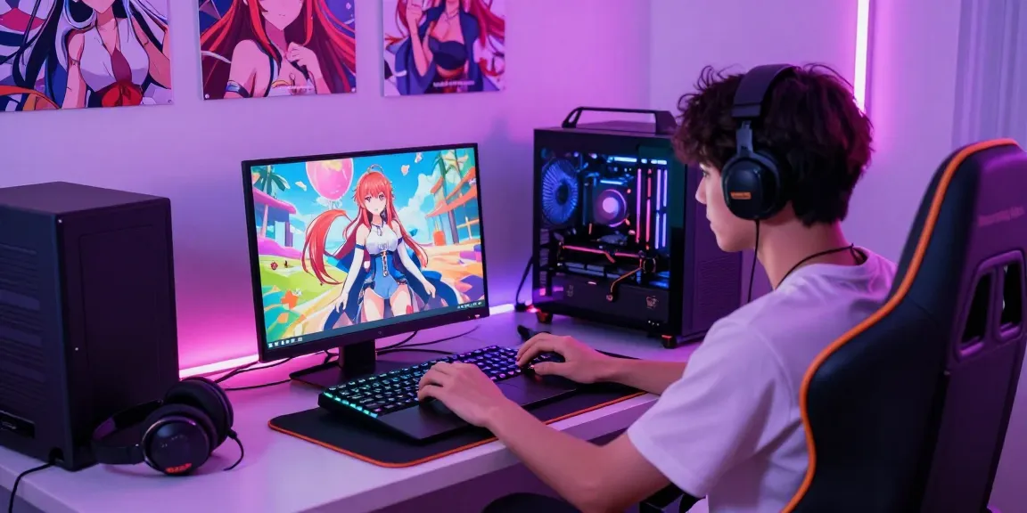 Engaged player enjoying a hentai game on a colorful gaming setup.