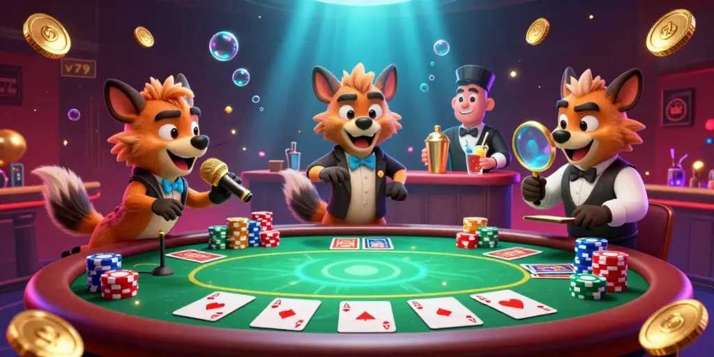 Experience the excitement of v79 with hyenas leading a lively comedy casino scene, showcasing vibrant gaming elements.
