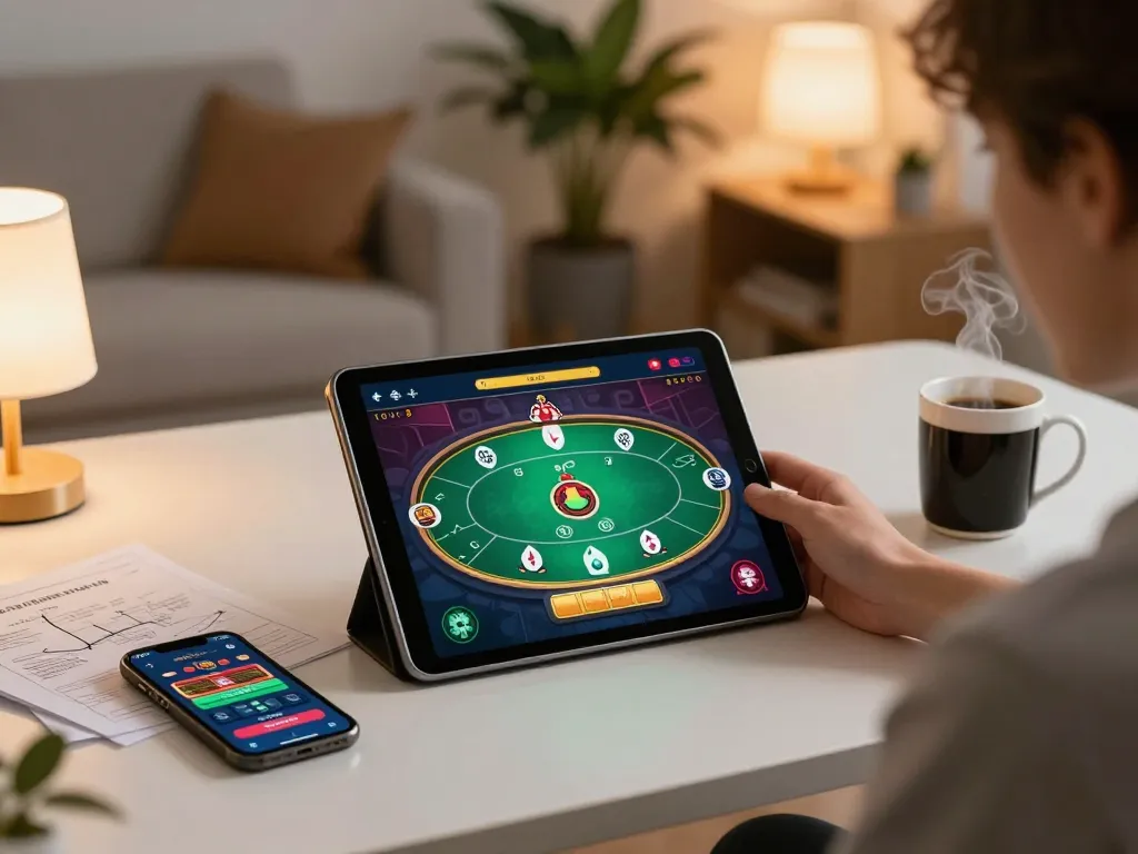 Engaging online poker gameplay scene with sunwingo on tablet, showcasing strategic betting.