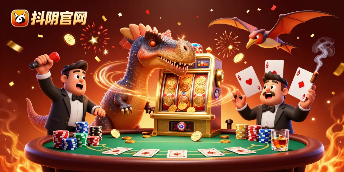 Experience the dynamic action at 抖阴官网 with a whimsical scene of a dinosaur winning jackpot coins!