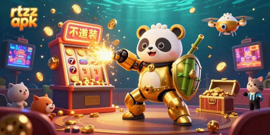 Experience the excitement of rtzz apk with a golden panda in a dynamic casino arena bursting with jackpots and vibrant game elements.