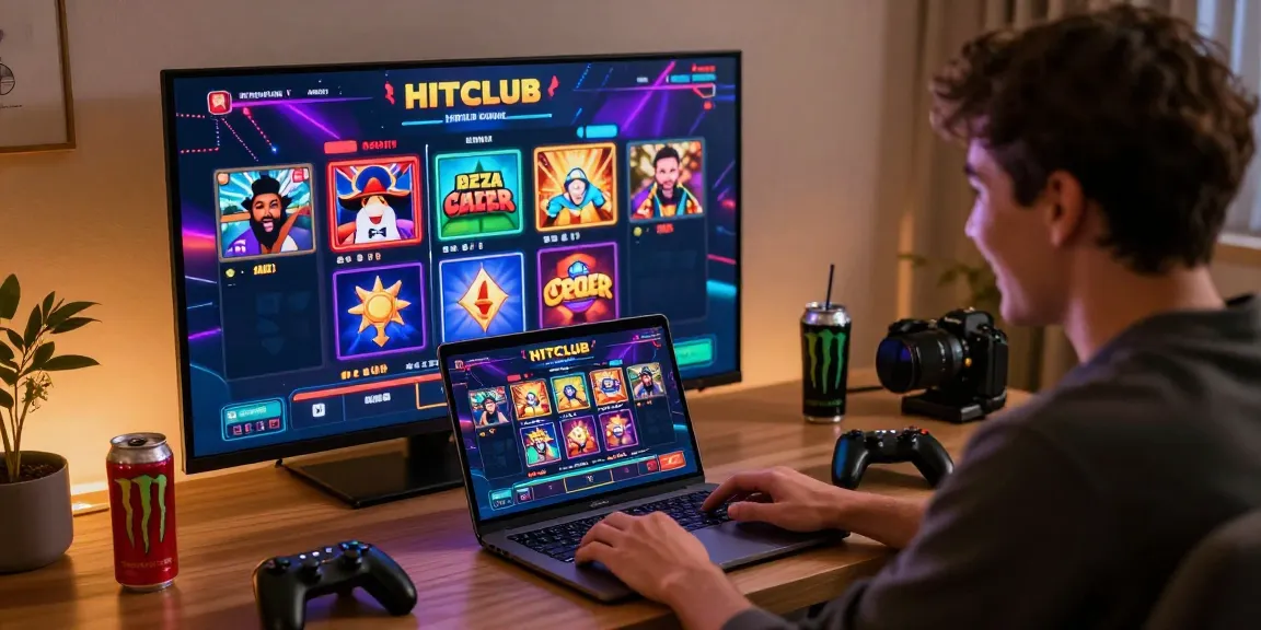 HITCLUB online gaming experience showcasing a joyful player engaged in diverse slot games, vibrant graphics, and a cozy living room setting.