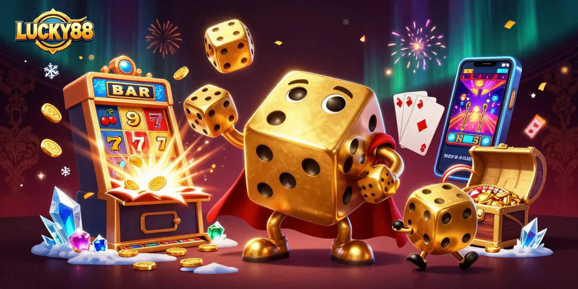 Engage with the thrilling LUCKY88 slot experience as golden dice and jackpots explode in a vibrant casino scene.