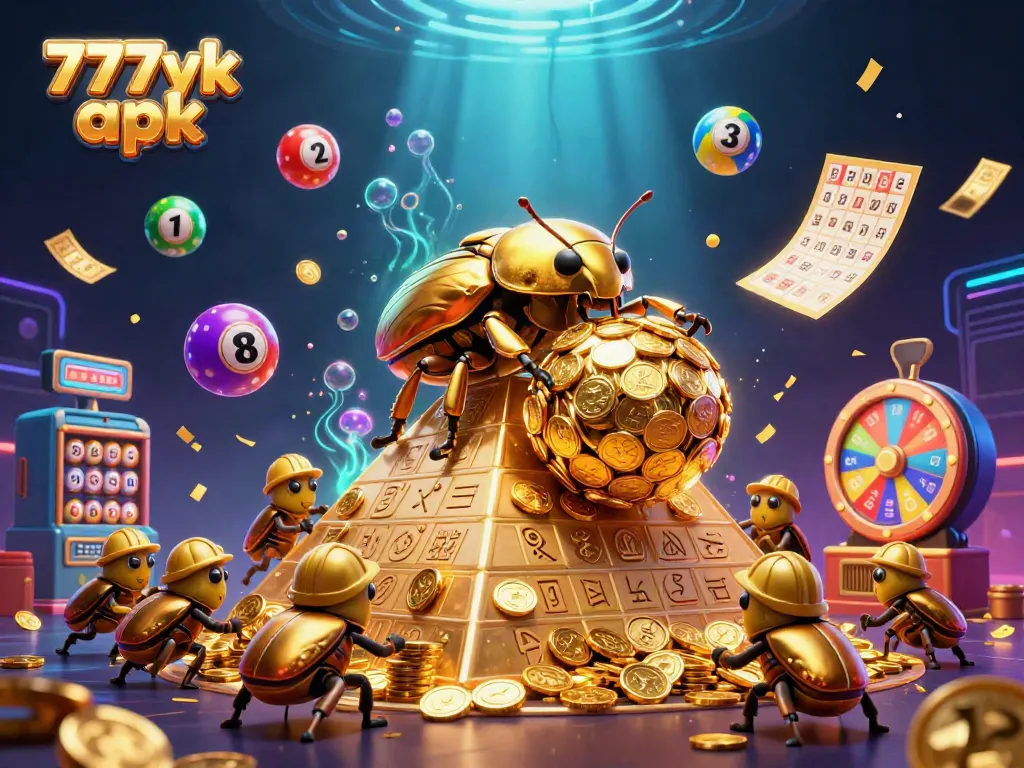 Engage in exciting gameplay with the 777yk apk, depicted by animated beetles rolling coins in a vibrant casino scene.