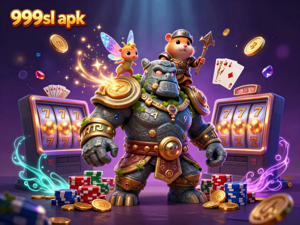Spin the reels and collect rewards with the magical 999sl apk, featuring a golem guardian and a hamster knight.