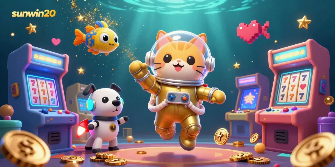 Experience thrilling action with sunwin20 in a vibrant 3D casino scene featuring playful characters and gambling elements.