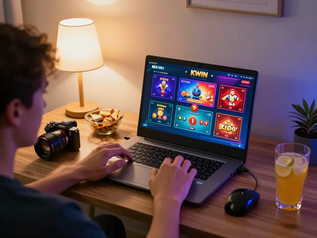 Engaging in KWIN online gaming with colorful casino games displayed on a laptop screen.