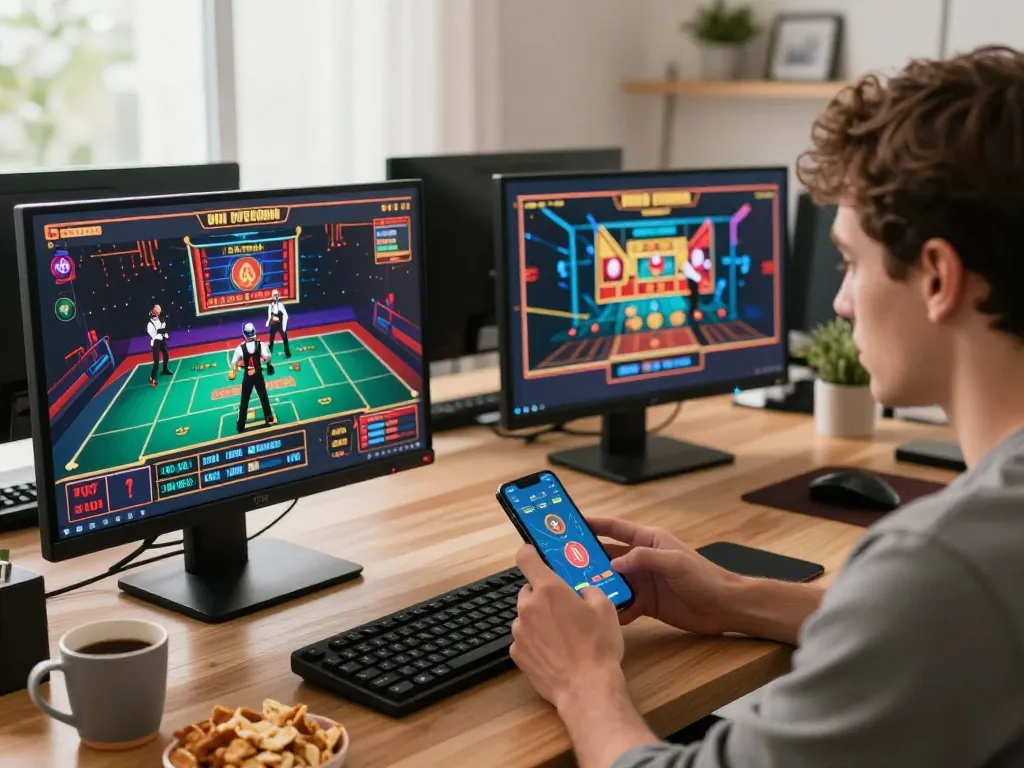 Engaging online gaming experience with Nhà cái S9 on multiple screens, player focused on strategy and gameplay.