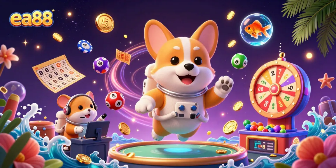 Experience the thrill of ea88 with an astronaut corgi in a vibrant casino scene.