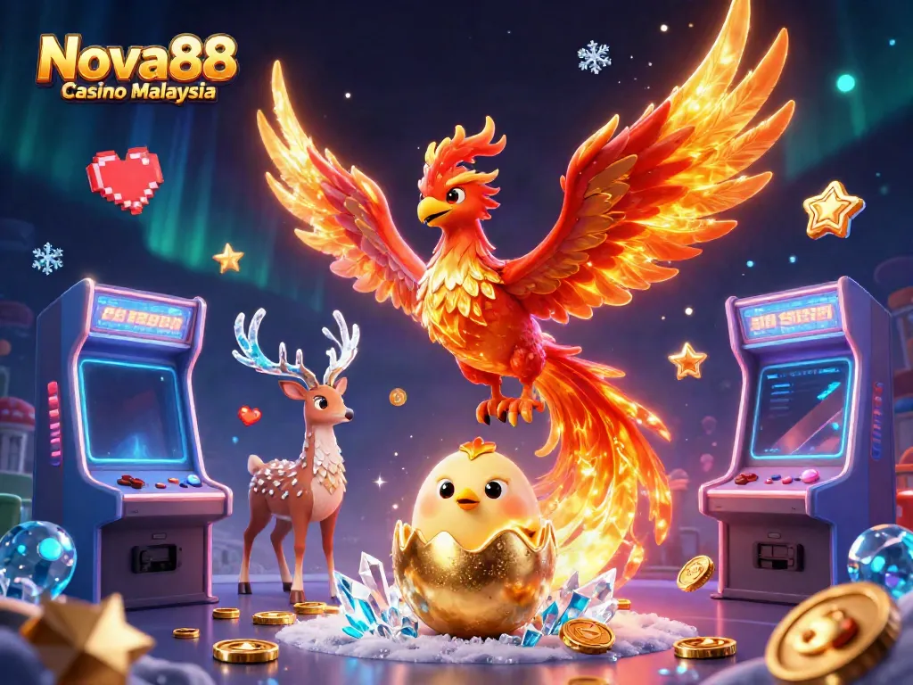 Experience thrilling games at Nova88 Casino Malaysia with vibrant casino-themed illustration showcasing dynamic characters and 3D gaming elements.