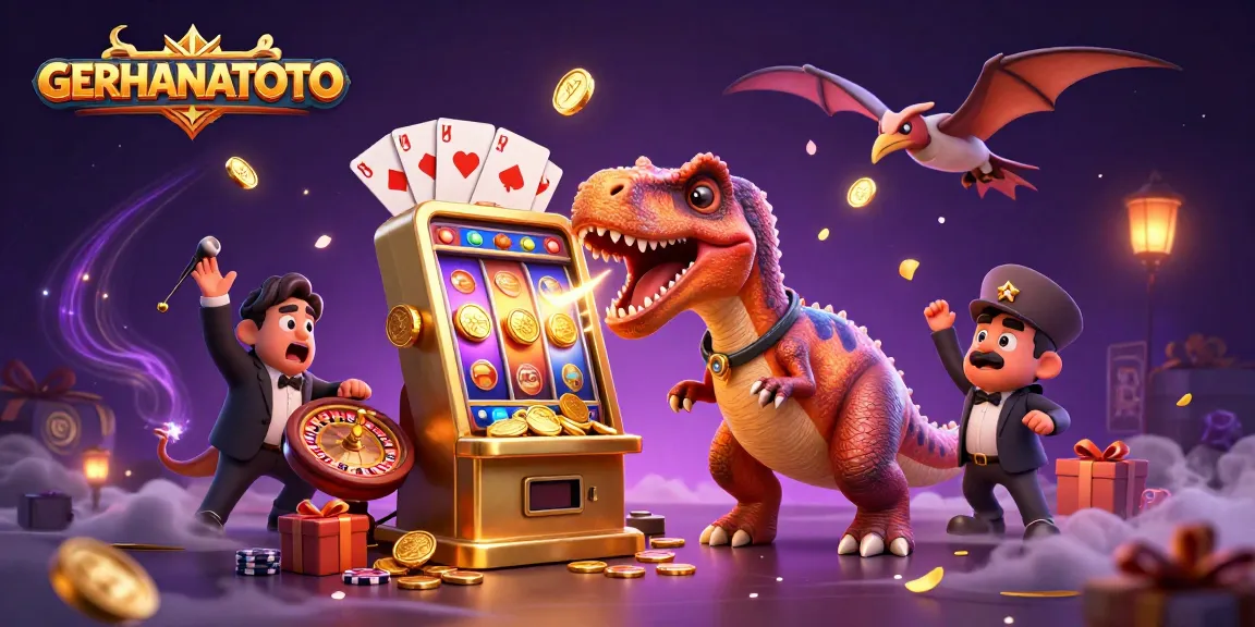 Menggandeng jackpot di GERHANATOTO, dinosaur kartun menghajar mesin slot sambil koin emas berterbangan.