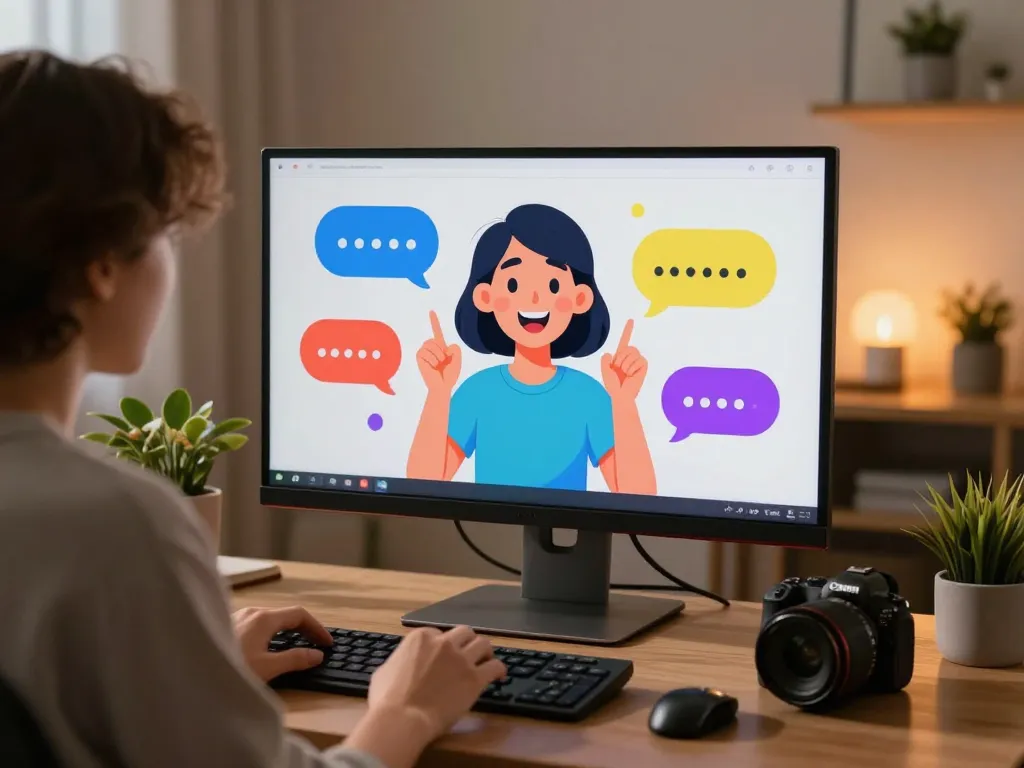 Engaging porn chat ai interaction with colorful dialogue bubbles and a cozy home office backdrop.