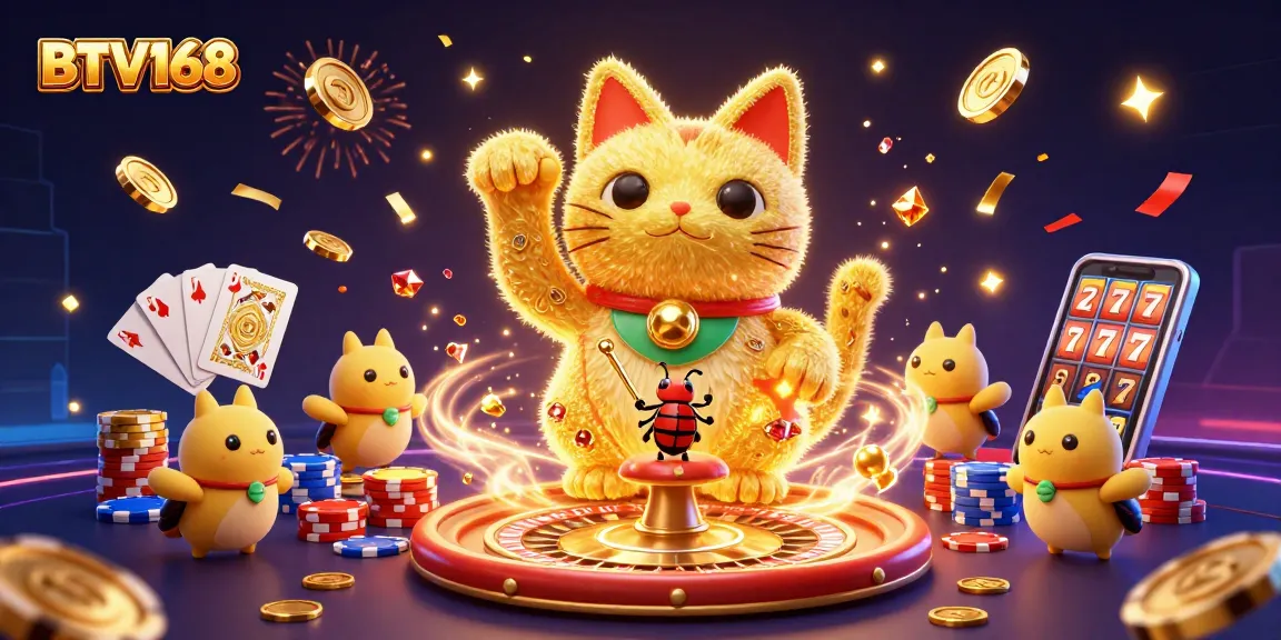 BTV168 showcases a vibrant 3D lucky cat illustration with casino symbols and festive elements.