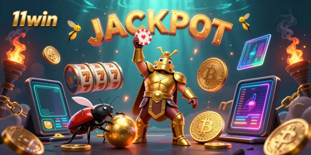 Experience excitement at 11win with a victory pose and vibrant casino elements surrounding a herculean beetle.