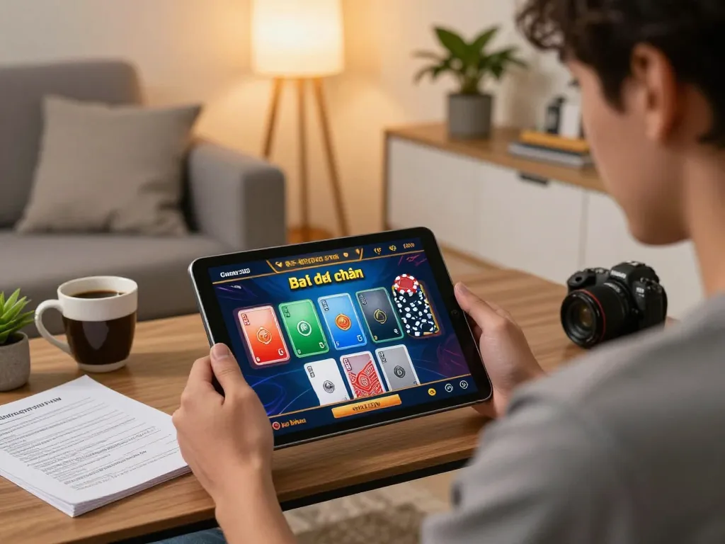 Engaging with top game bài đổi thưởng on tablet during a cozy evening at home.
