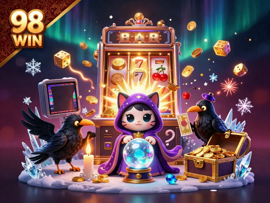 Experience the thrill of 98 WIN with a vibrant scene of a mystic cat fortune teller and slot machine featuring jackpot elements.