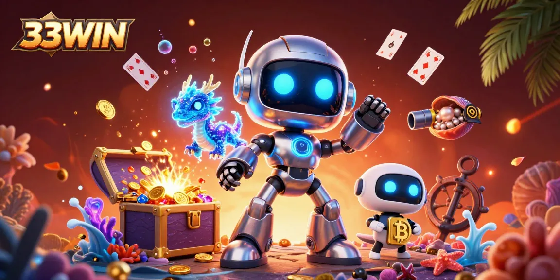 Experience thrilling gaming moments with 33WIN's vibrant 3D casino illustration showcasing a cyberpunk robot and advanced game elements.