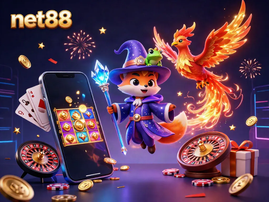 Experience thrilling gaming at net88 with a mystical fox wizard and vibrant slot games.