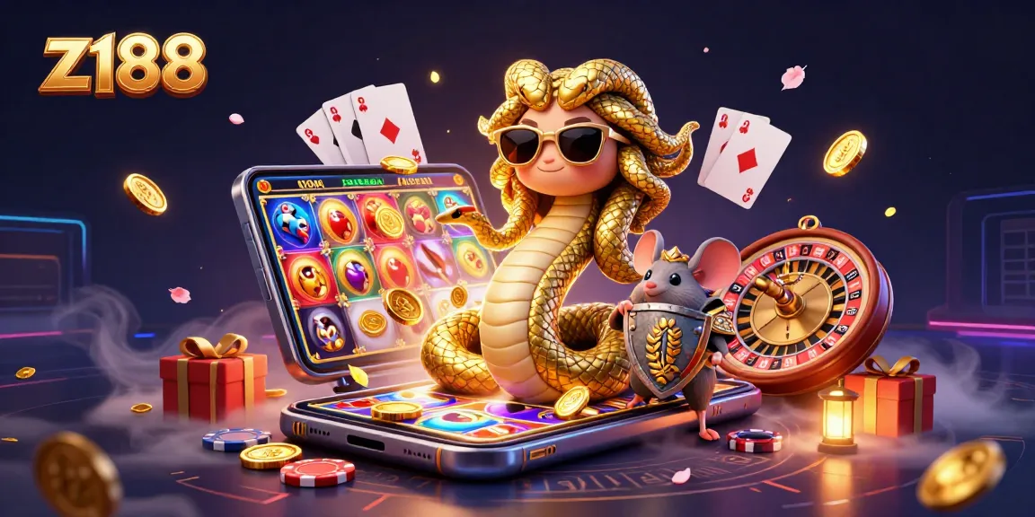 Play exciting games at z188 featuring animated characters, slots, coins, and poker elements.