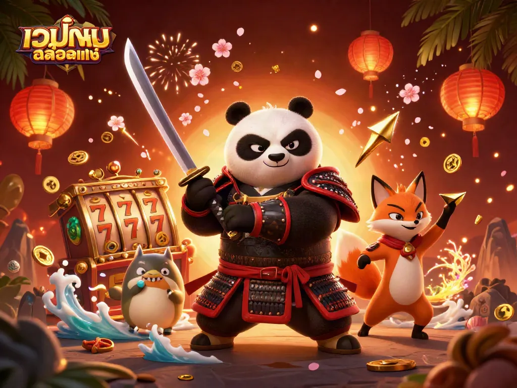 Experience thrilling gaming with เว็บเกมสล็อตแท้ as a vibrant 3D scene unfolds with samurai panda and golden shuriken.