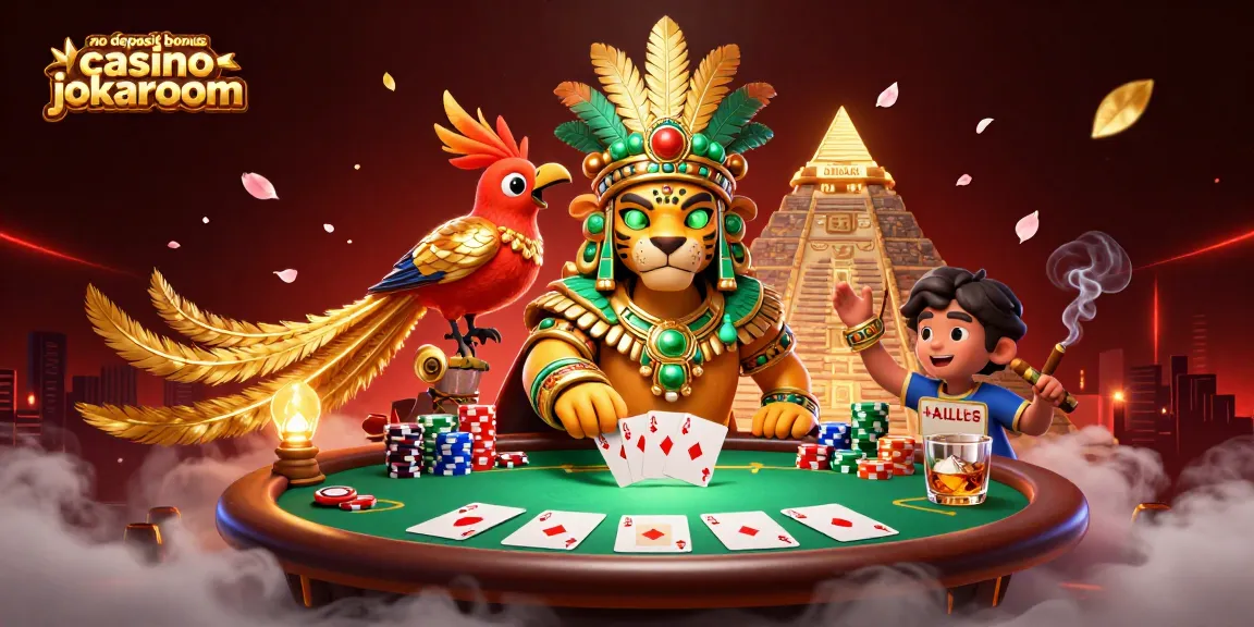 No deposit bonus casino jokaroom showcases a lively 3D scene with a Mayan priest, quetzal bird, and poker elements.