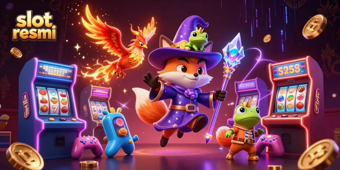 Experience the excitement of slot resmi with vibrant 3D illustrations of a wizard fox and phoenix surrounded by colorful slot elements.