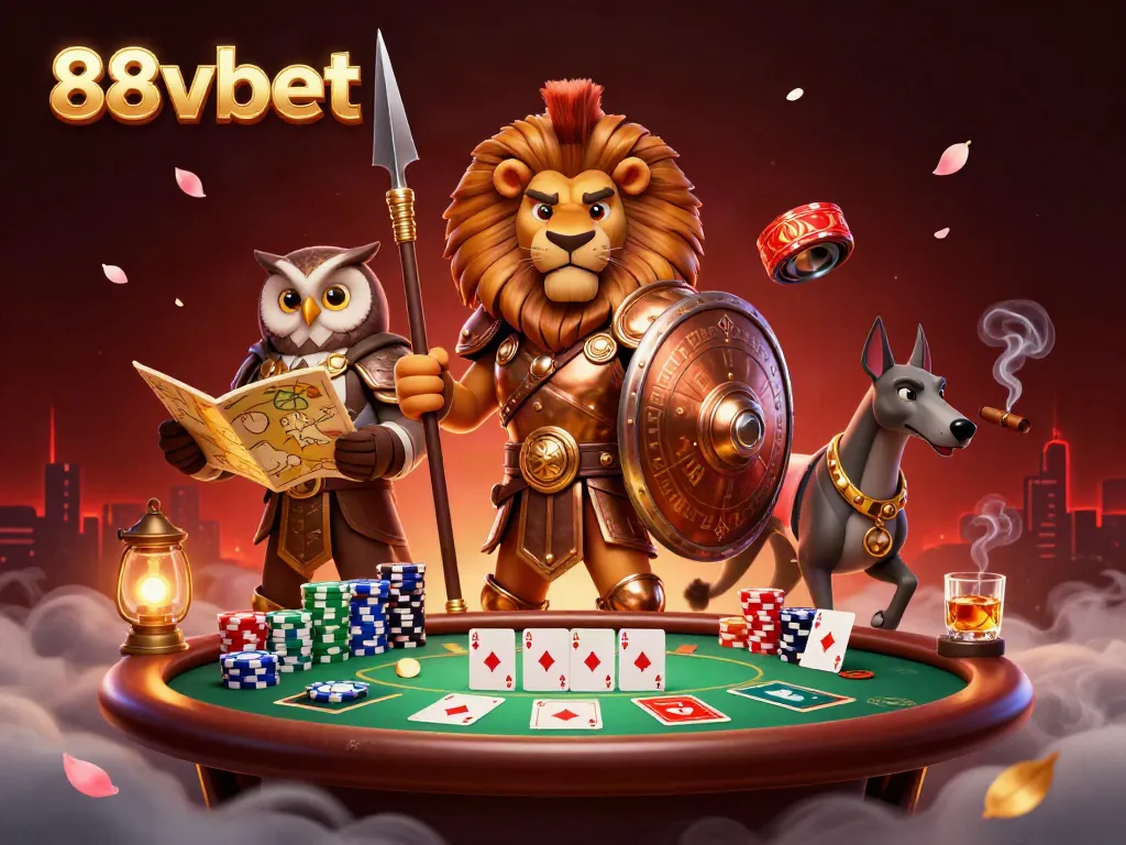 Engage in thrilling poker battles with 88vbet, featuring a Spartan lion championed amidst vibrant game elements.