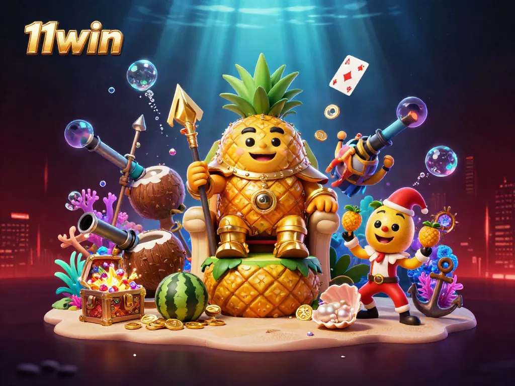 Engage in the lively world of 11win, featuring a colorful casino scene with vibrant characters and dynamic game elements.