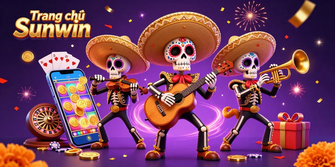 Experience the vibrant world of Trang chủ Sunwin with animated skeletons enjoying colorful slots and casino games.