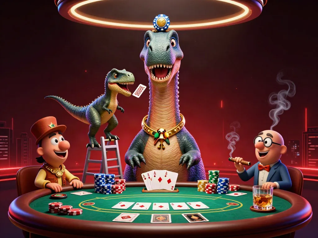 Experience thrilling poker action with jw88, featuring a giant brontosaurus and clever raptor dealers in a vibrant casino.