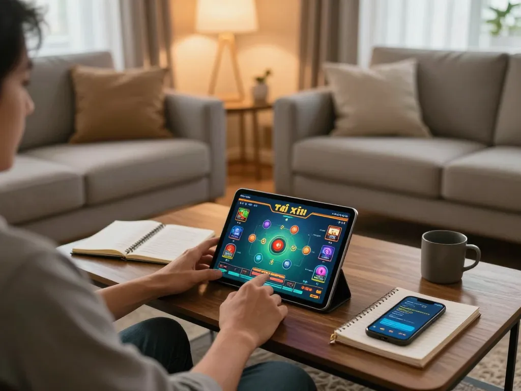 Tài xỉu online gameplay in a cozy home setting with a focused player using a tablet and notes.