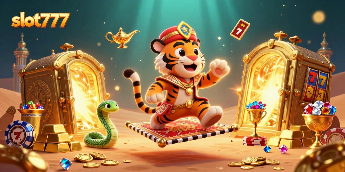 Spin the slot777 reels and find treasure in this vibrant casino scene with a tiger sultan.