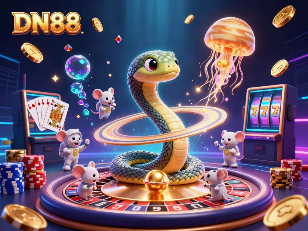 Bet on cosmic roulette at DN88 with vibrant astronauts, shimmering gems, and a golden jellyfish dealer.