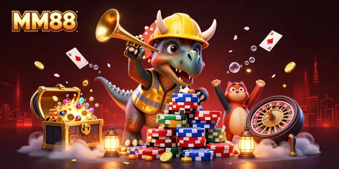 Experience the excitement of MM88 with a whimsical 3D casino scene featuring games and characters.