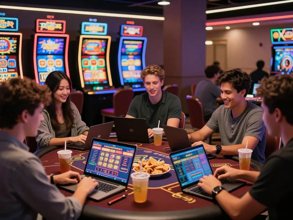 Players enjoying diverse games on MM88 online casino platform with vibrant neon atmosphere.
