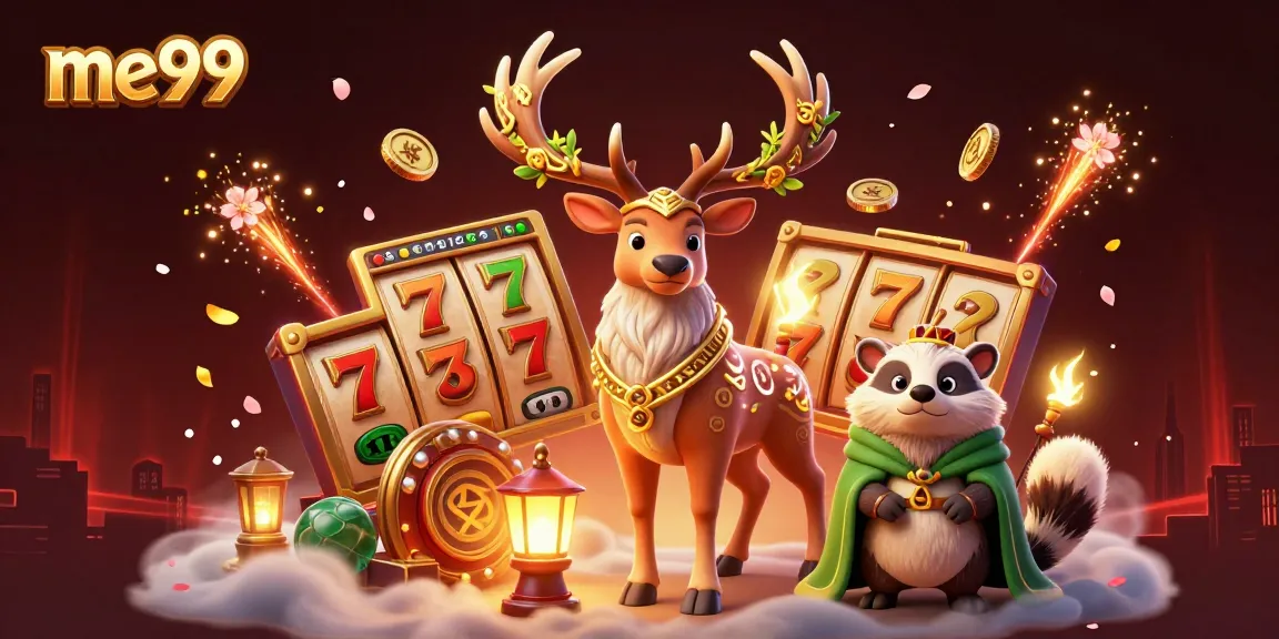 Spin and win with me99's vibrant casino gaming atmosphere featuring slot reels and spirit lights.