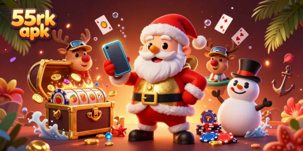 Engage with 55rk apk, enjoying a festive casino adventure with animated characters and vibrant game elements.