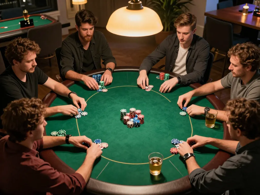 Players strategizing in a lively poker game at home featuring RR88 action.