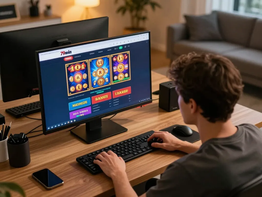 Engaged user gaming on 79win platform with vibrant slot options in a cozy home office.