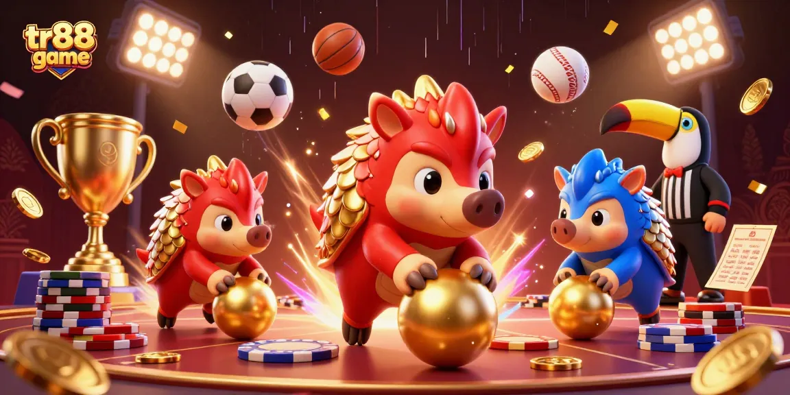 Experience the thrilling tr88 game scene with vivid pangolins and sports elements in action.