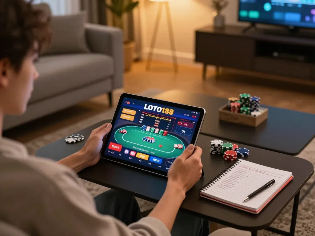 Engaging with LOTO188 COM online poker game on a tablet, showcasing relaxed home gaming atmosphere.