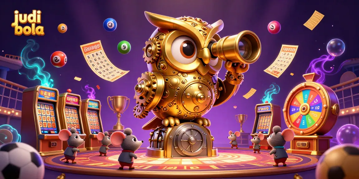 Bettors engage with a vibrant judi bola scene showcasing a golden owl, sports elements, and dynamic lottery visuals.