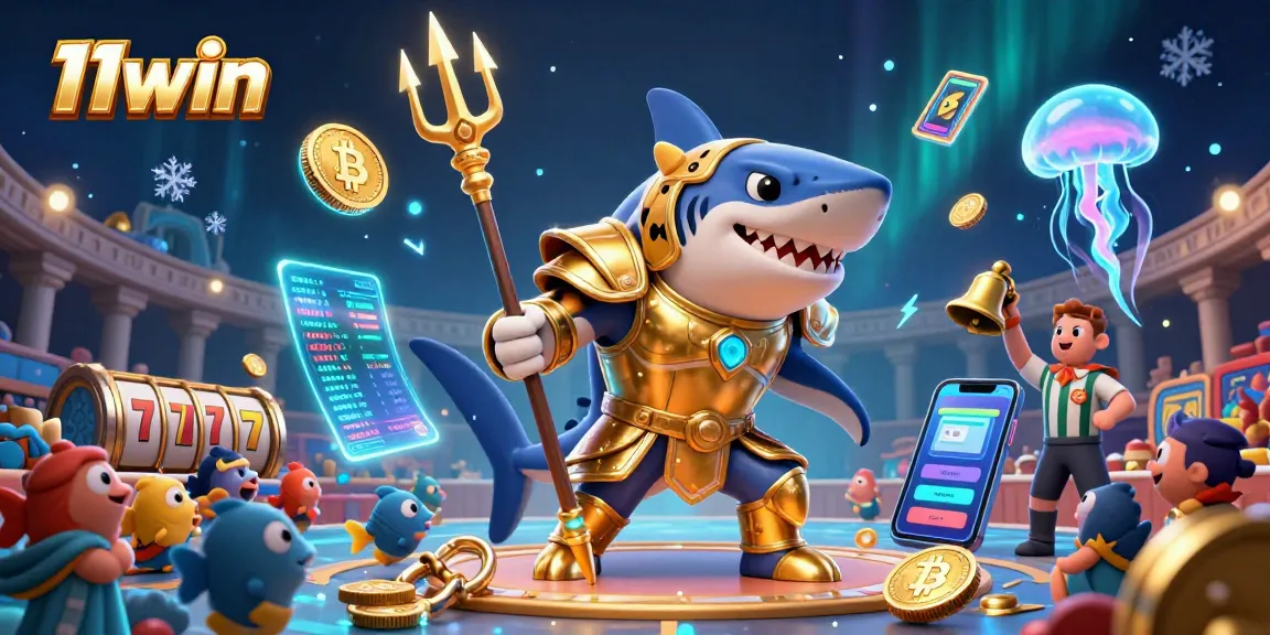 Engage in exciting games with 11win's vibrant casino scene featuring a shark champion surrounded by slot elements.