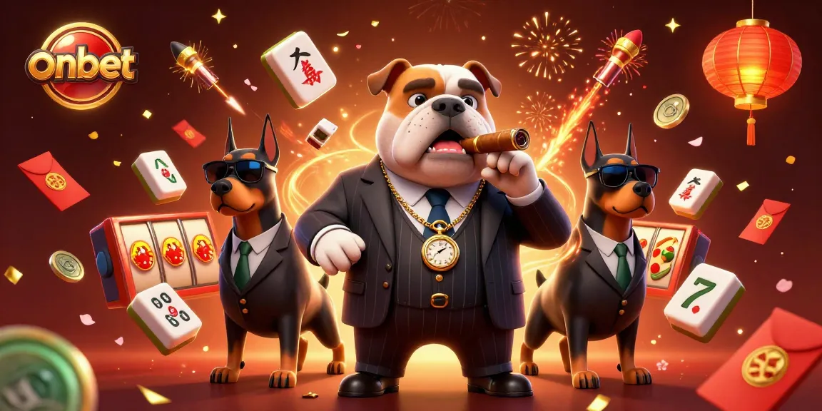 Experience thrilling gameplay at onbet with a lively casino scene featuring a mafia boss bulldog and his Doberman guards.