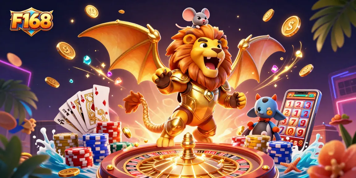 F168 chases fortune with a roaring chimera and a daring mouse jockey amidst gleaming casino treasures