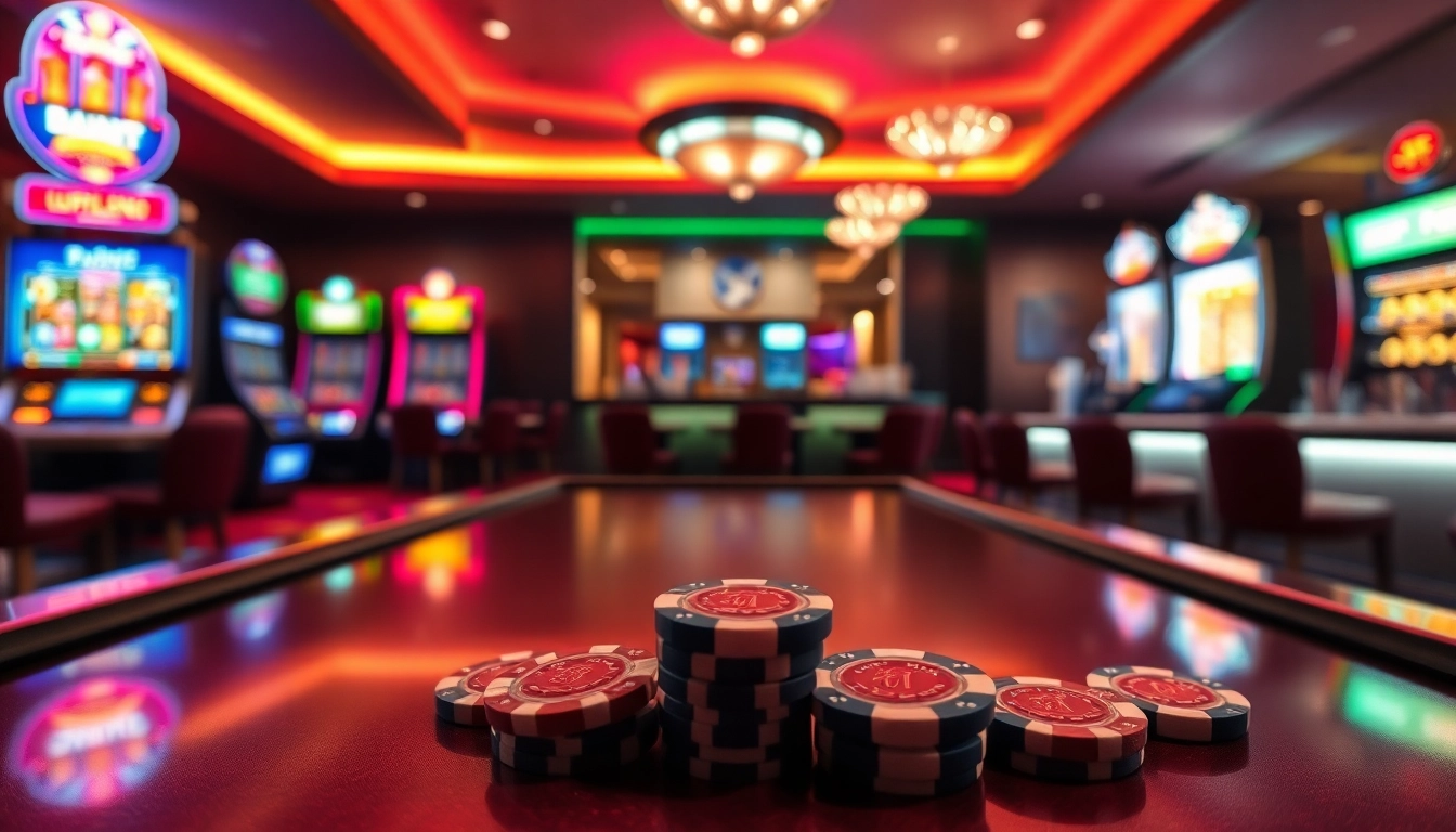 Spieler bei casinospielen genießen die aufregende Atmosphäre eines modernen Casinos mit bunten Spielautomaten.