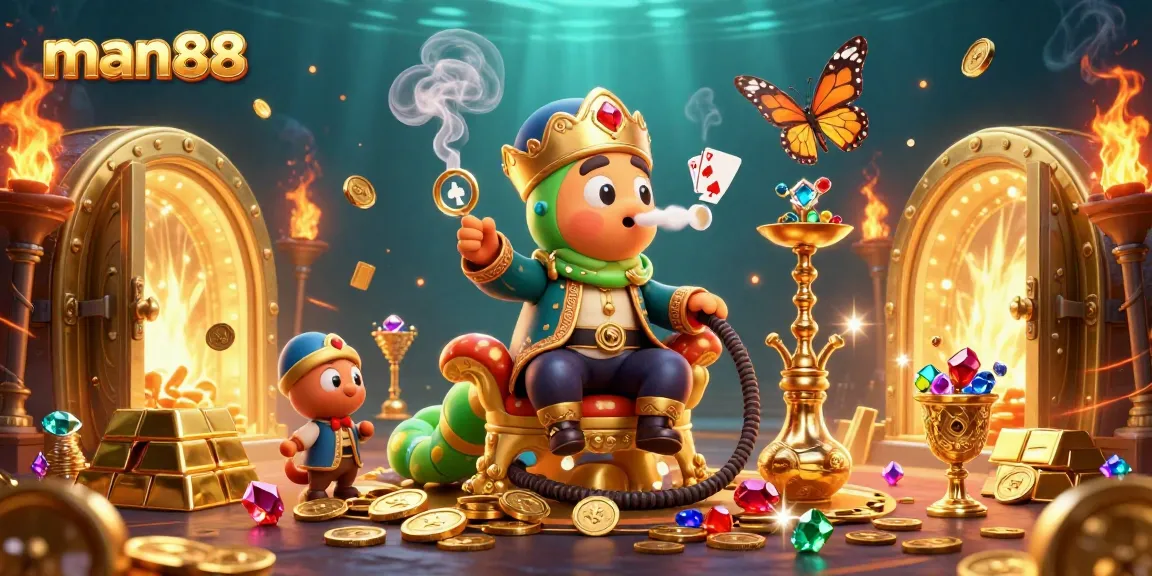 man88 presents a vibrant 3D scene with a caterpillar hookah-master and casino elements for immersive gaming.