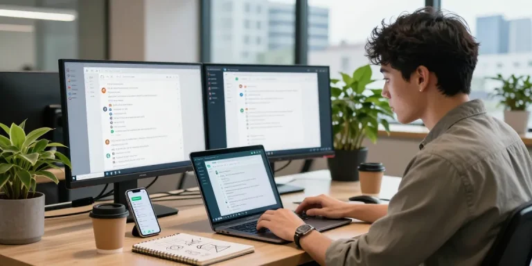 Young professional using WhatsApp網頁版 on a laptop in a modern co-working space, conveying a tech-savvy atmosphere.